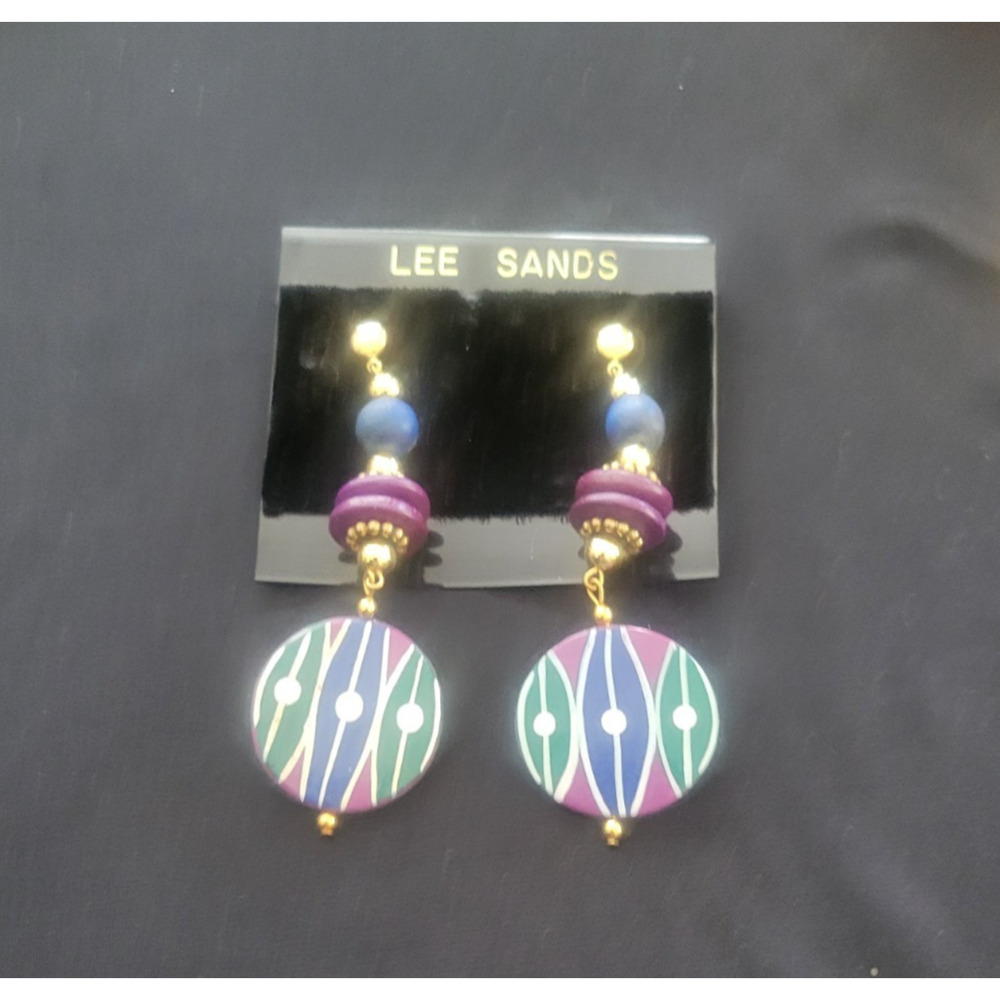 Vtg Lee Sands wooden painted dangle earrings - Picture 2 of 4